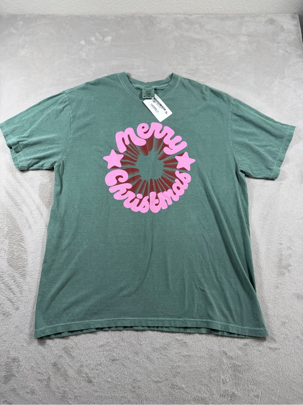 Comfort Colors Merry Christmas T-Shirt Green‎ Pink Retro Graphic XL Heavyweight